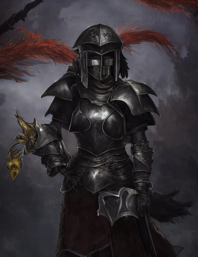 Dark-armored knight with bird on gauntlet in smoky skies and red feathers