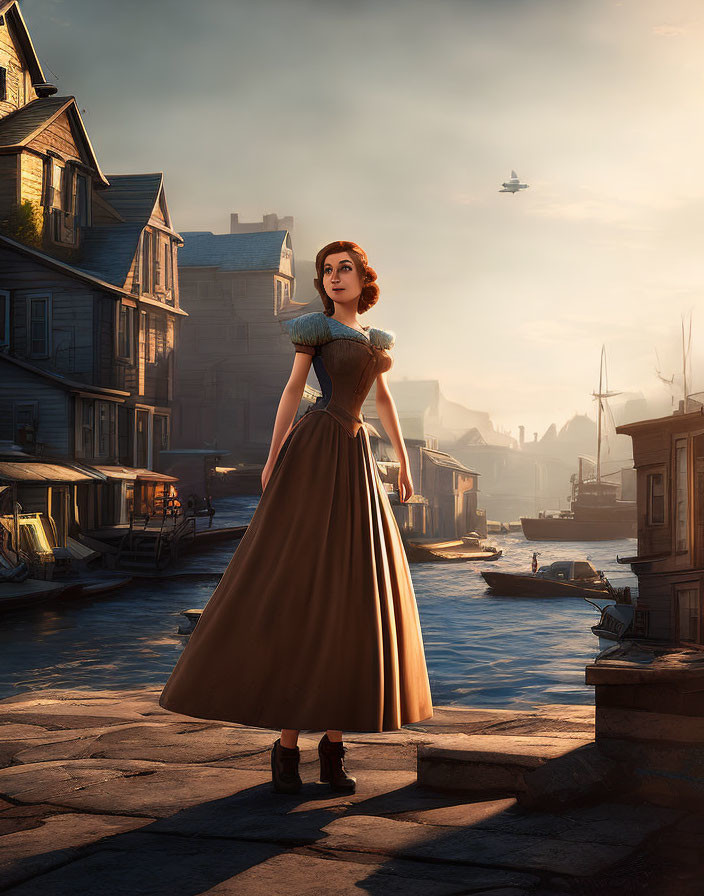Vintage-dressed young woman on cobblestone dock with boats and airship in old-time harbor setting
