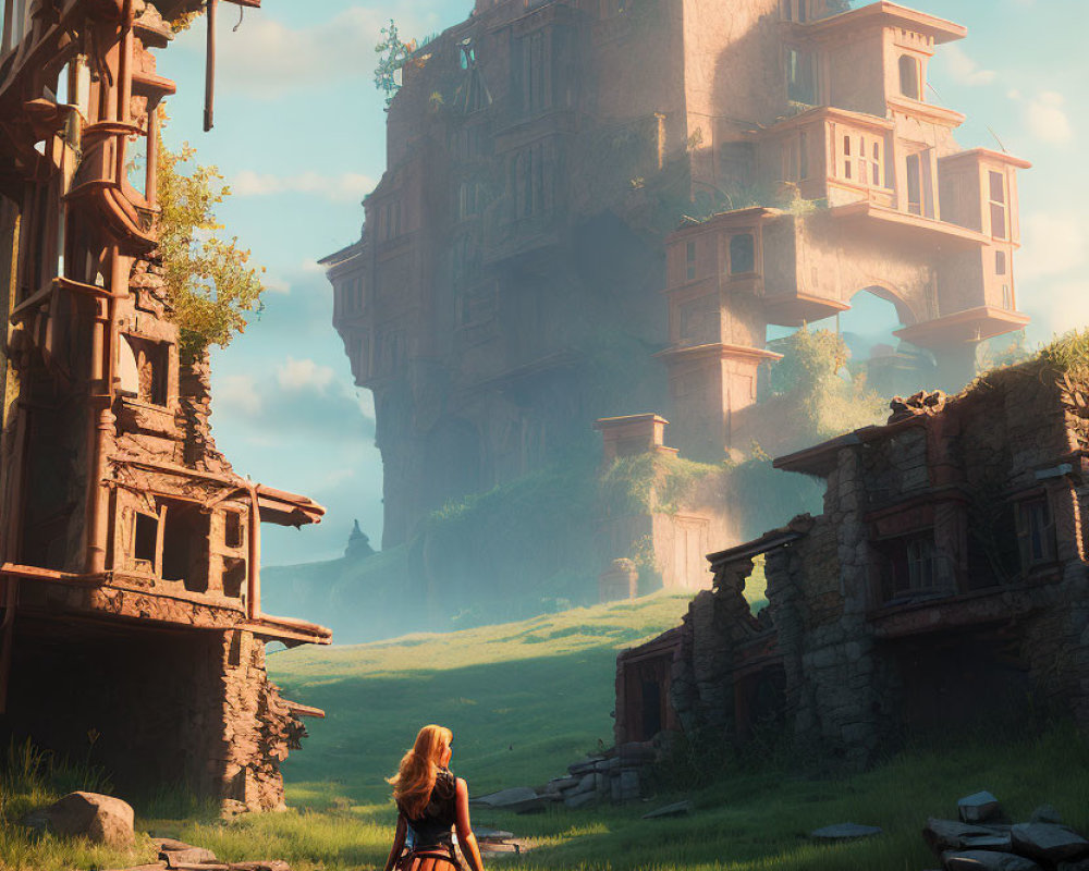 Orange-Haired Figure in Fantasy Outfit Approaches Overgrown Tower in Ruined Landscape