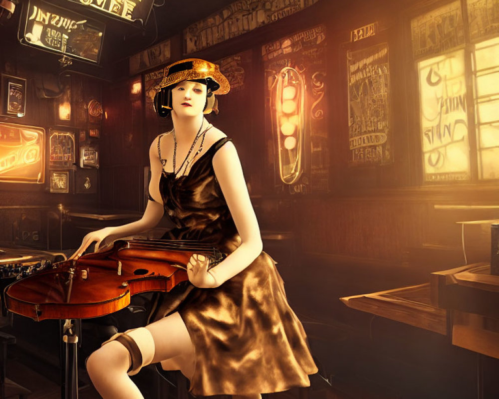 Woman in vintage dress with cello in dimly lit bar
