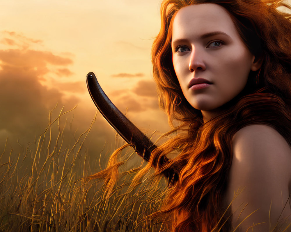 Woman with Red Hair Holding Knife in Golden Field at Sunset