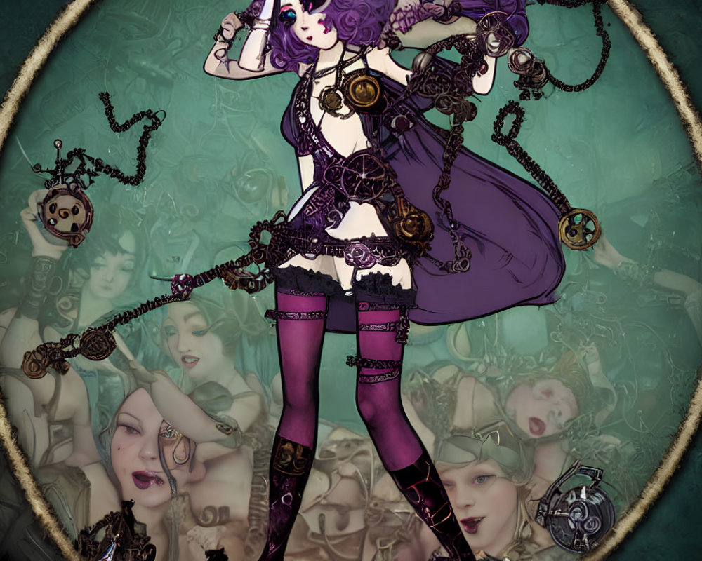 Steampunk-themed female character illustration with key and clockwork motifs