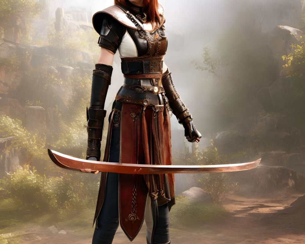 Red-haired female fantasy warrior in detailed brown and black armor wields a long sword in misty forest