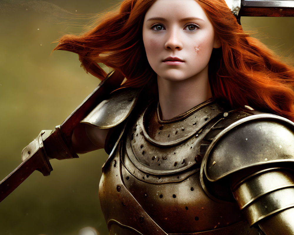Red-haired woman in medieval armor with sword and scar on cheek