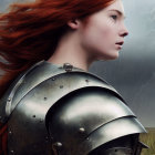 Red-haired woman in metal shoulder armor against stormy sky with lightning