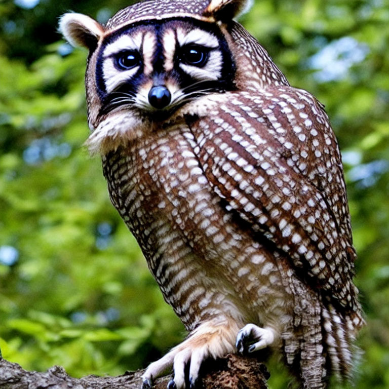 Hybrid Animal Image: Raccoon Face on Owl Body