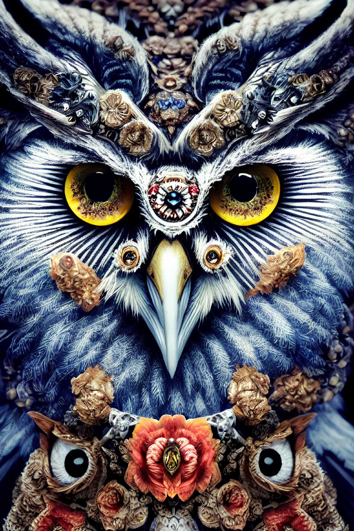 Symmetrical Owl Faces with Yellow Eyes and Floral Patterns