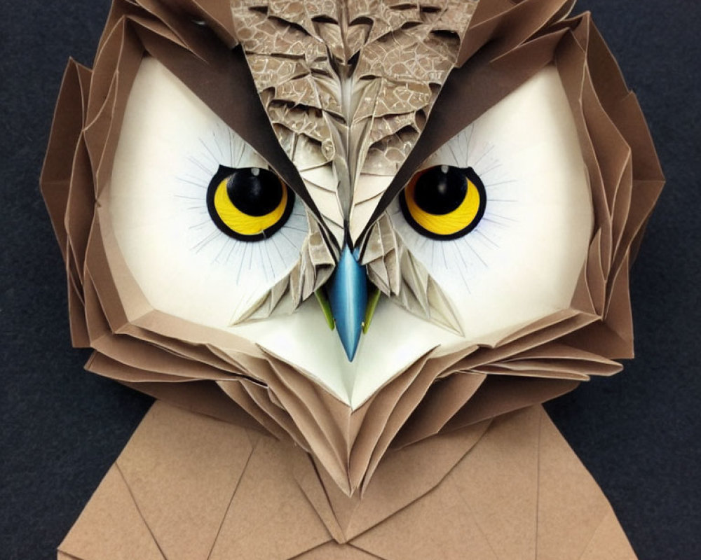 Detailed Origami Owl with Striking Yellow Eyes on Black Background