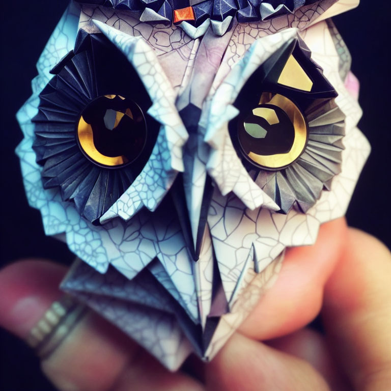 Detailed Origami Owl with Purple and White Feather Patterns