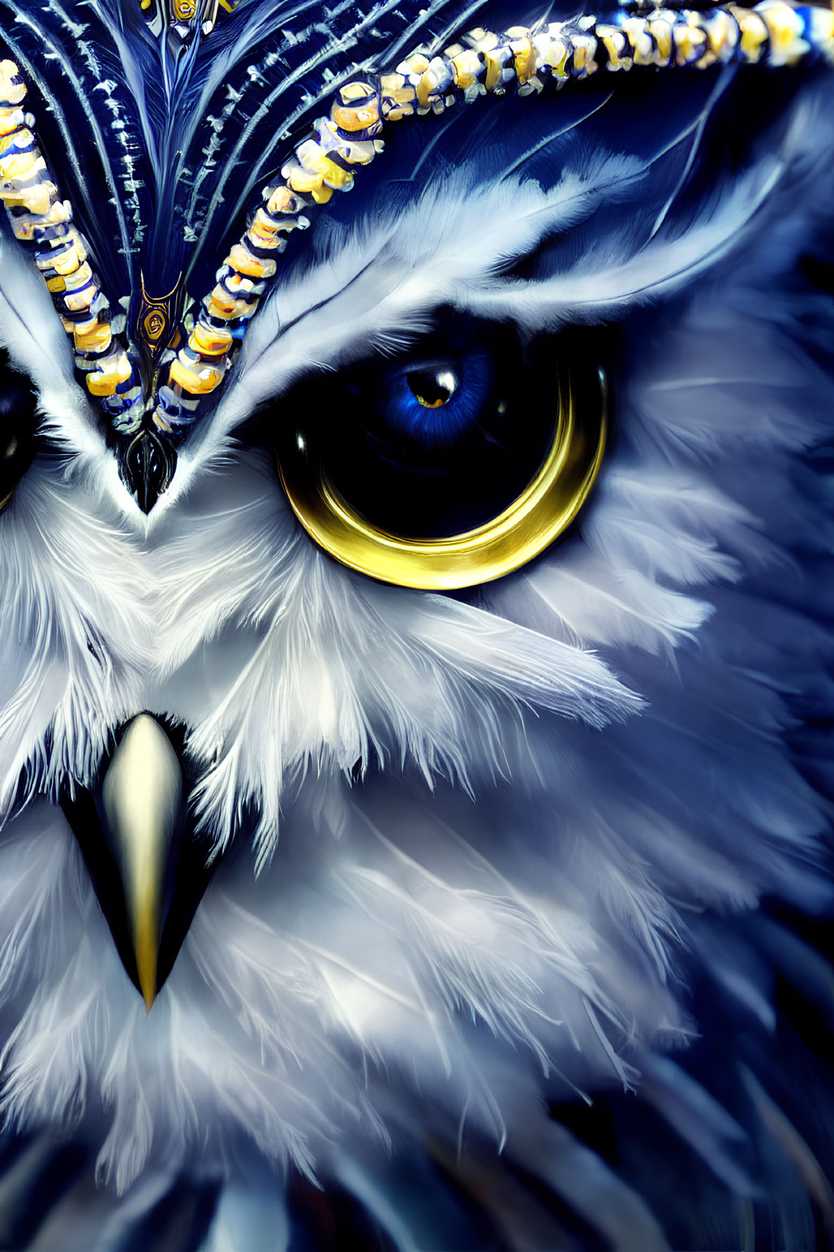 Detailed digital art of owl's face with striking blue eyes and ornate headdress