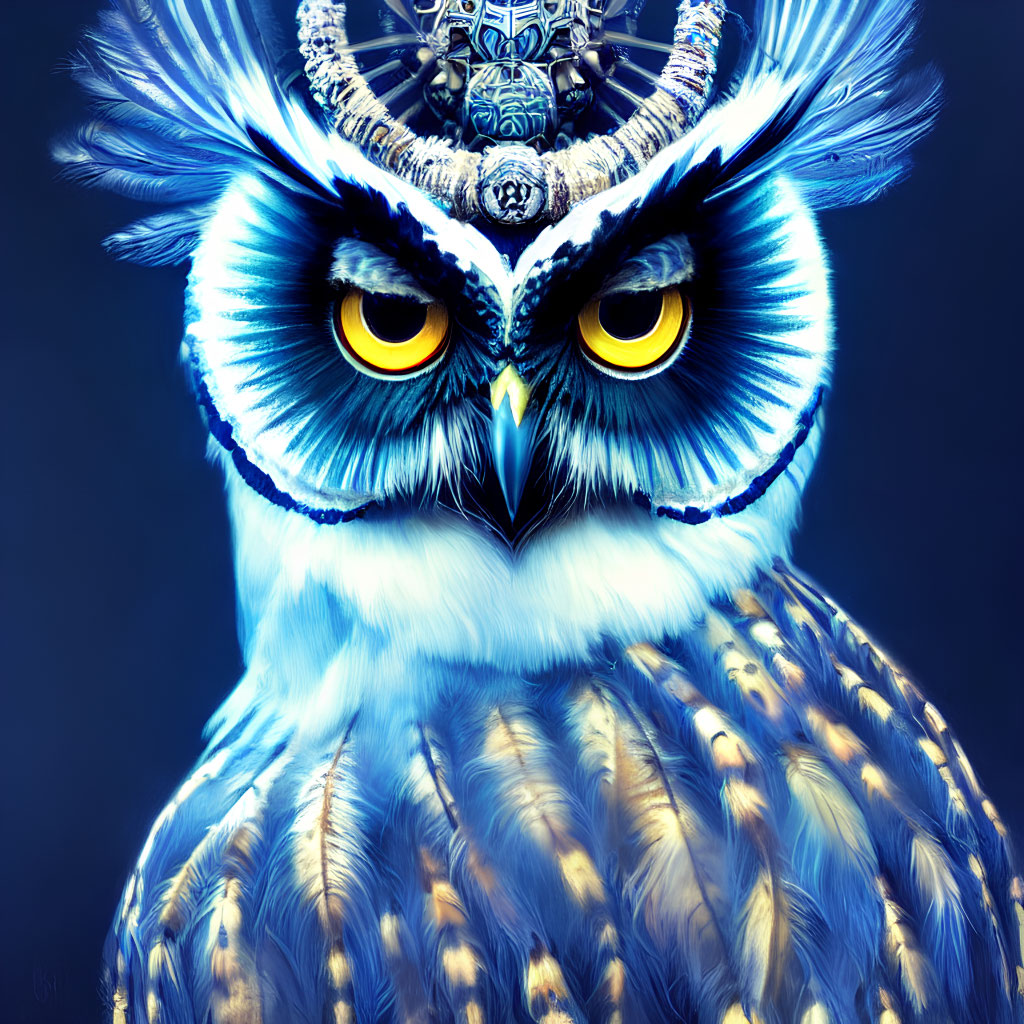 Colorful digital artwork featuring owl with yellow eyes and intricate patterns