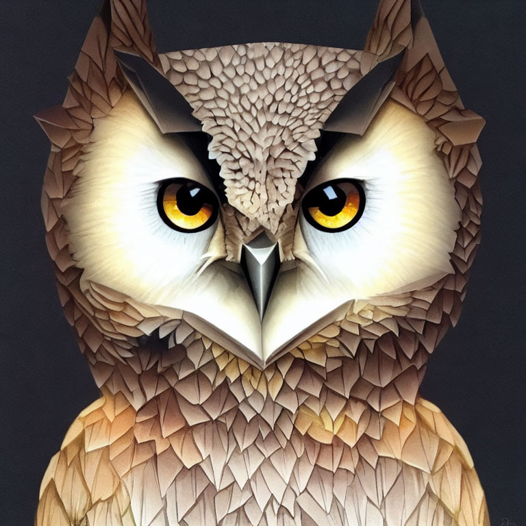 Geometric Owl Artwork with Yellow Eyes on Dark Background