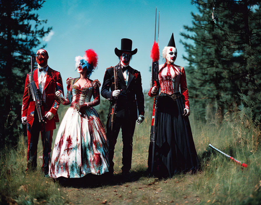 Four individuals in macabre circus-themed costumes in a forest clearing