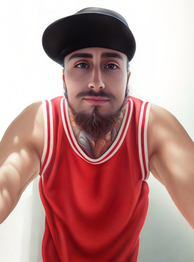 Bearded person in black cap and red tank top with chest tattoos gazes at camera