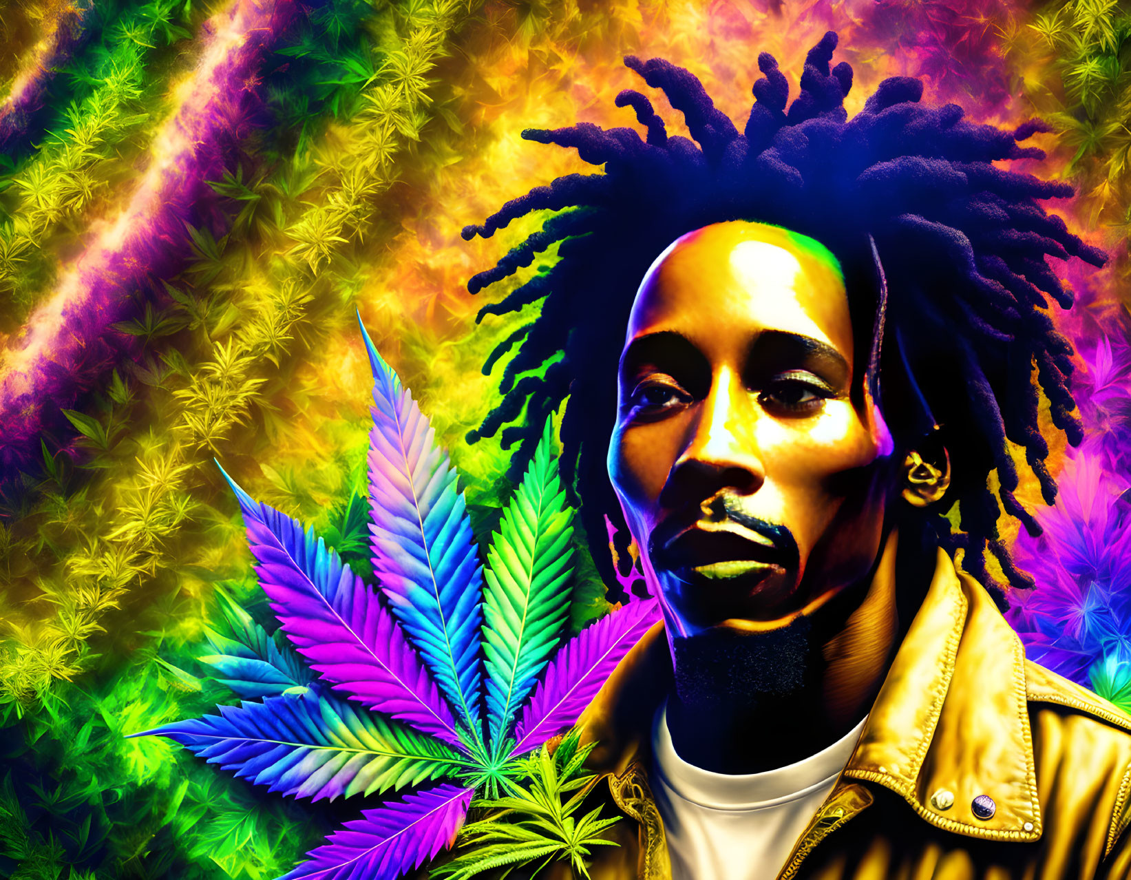 Colorful digital artwork: person with dreadlocks in cannabis-themed setting