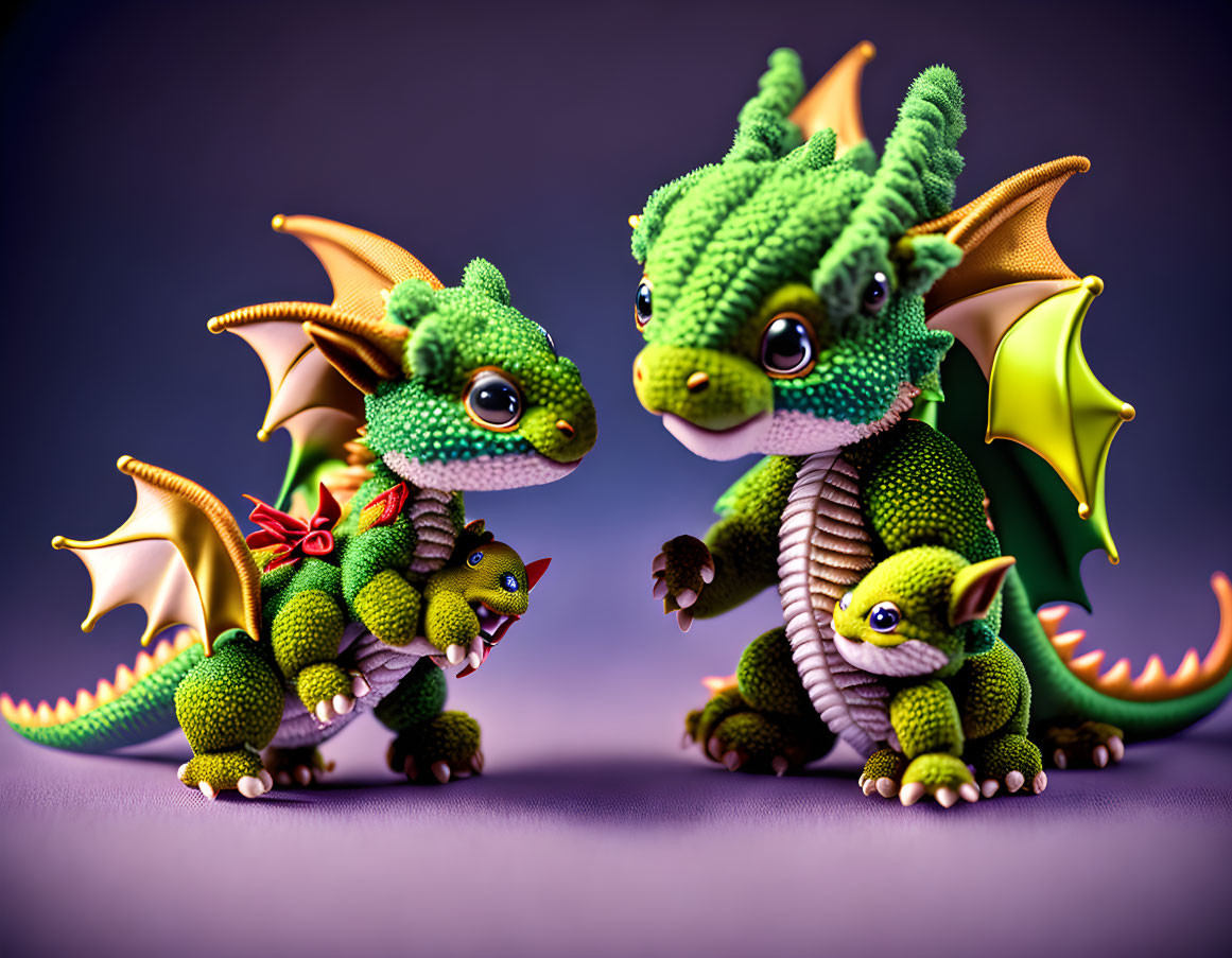 Three stylized dragons with green scales on purple background