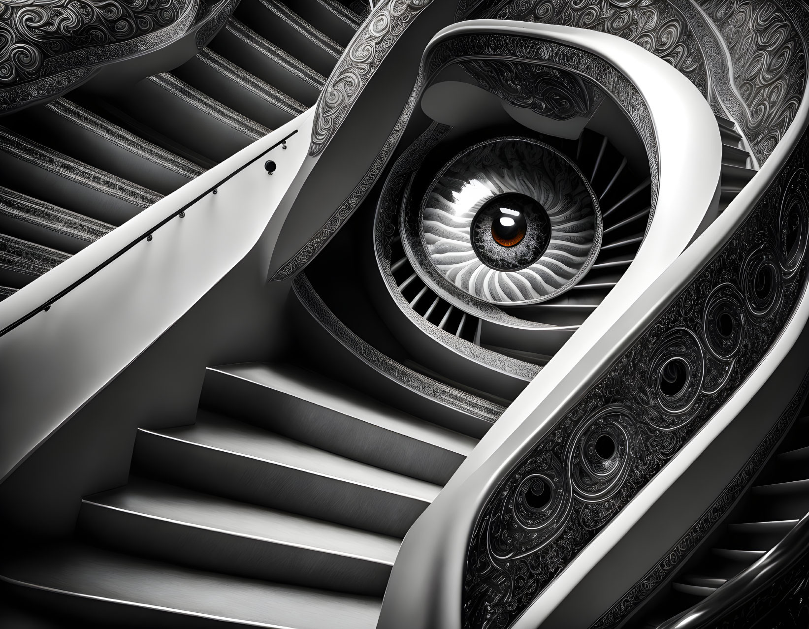 Intricate Monochromatic Fractal Stairwell Design with Eye at Center