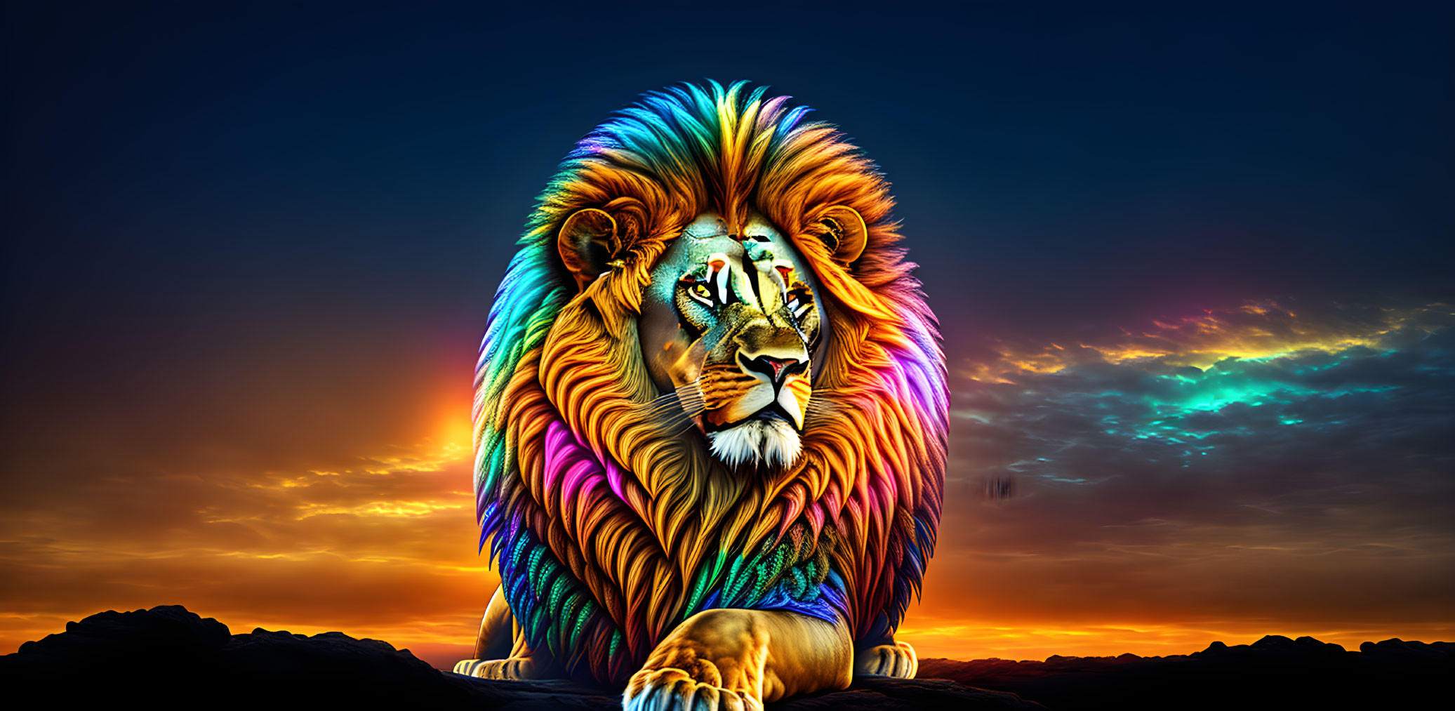 Vivid Digital Art of Lion with Rainbow Mane in Dramatic Sunset