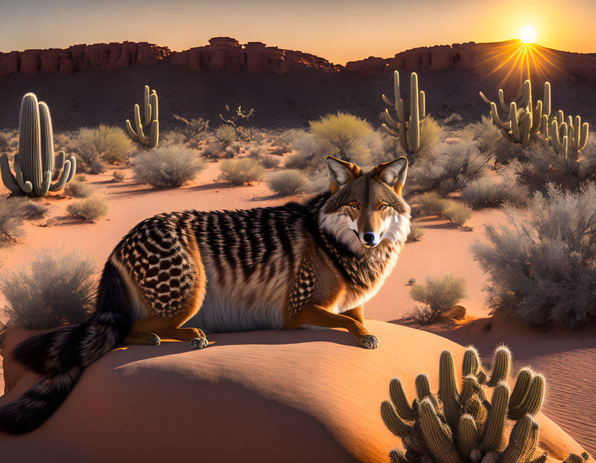 Hybrid creature with cheetah body and wolf head in desert sunset