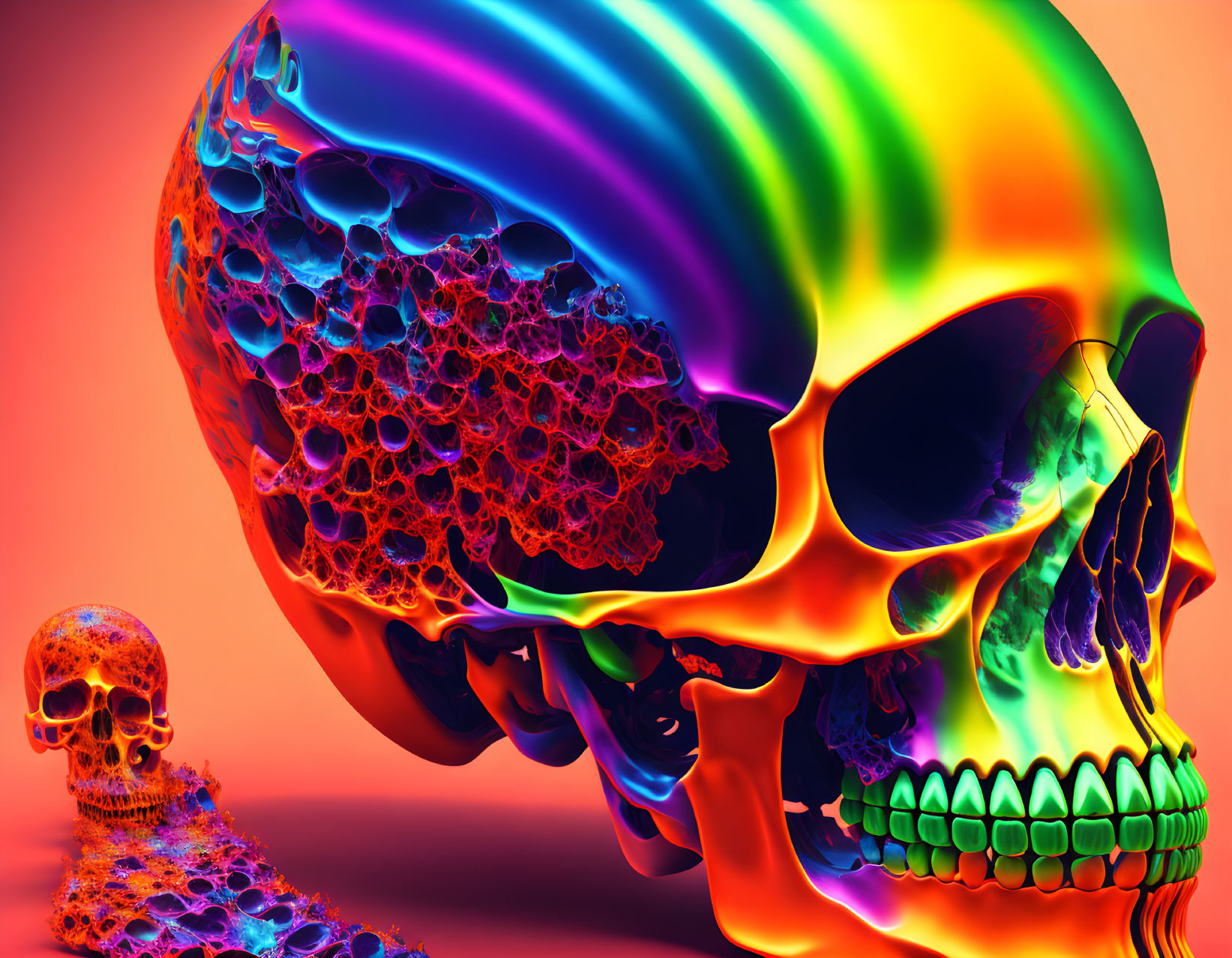 Vibrant digital artwork: large skull with rainbow colors, smaller skull on textured surface