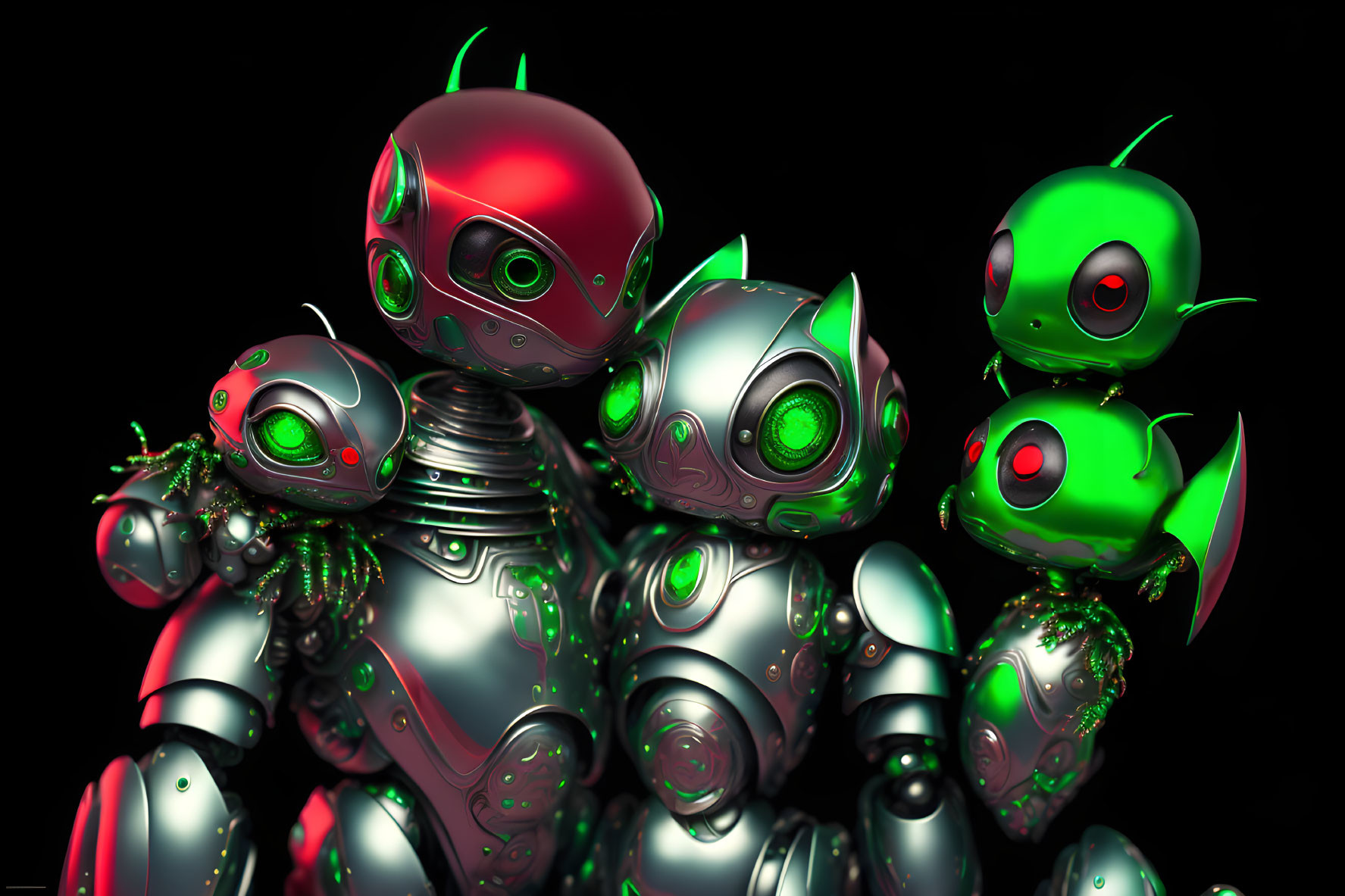 Shiny robots with red and green accents and glowing eyes on dark background