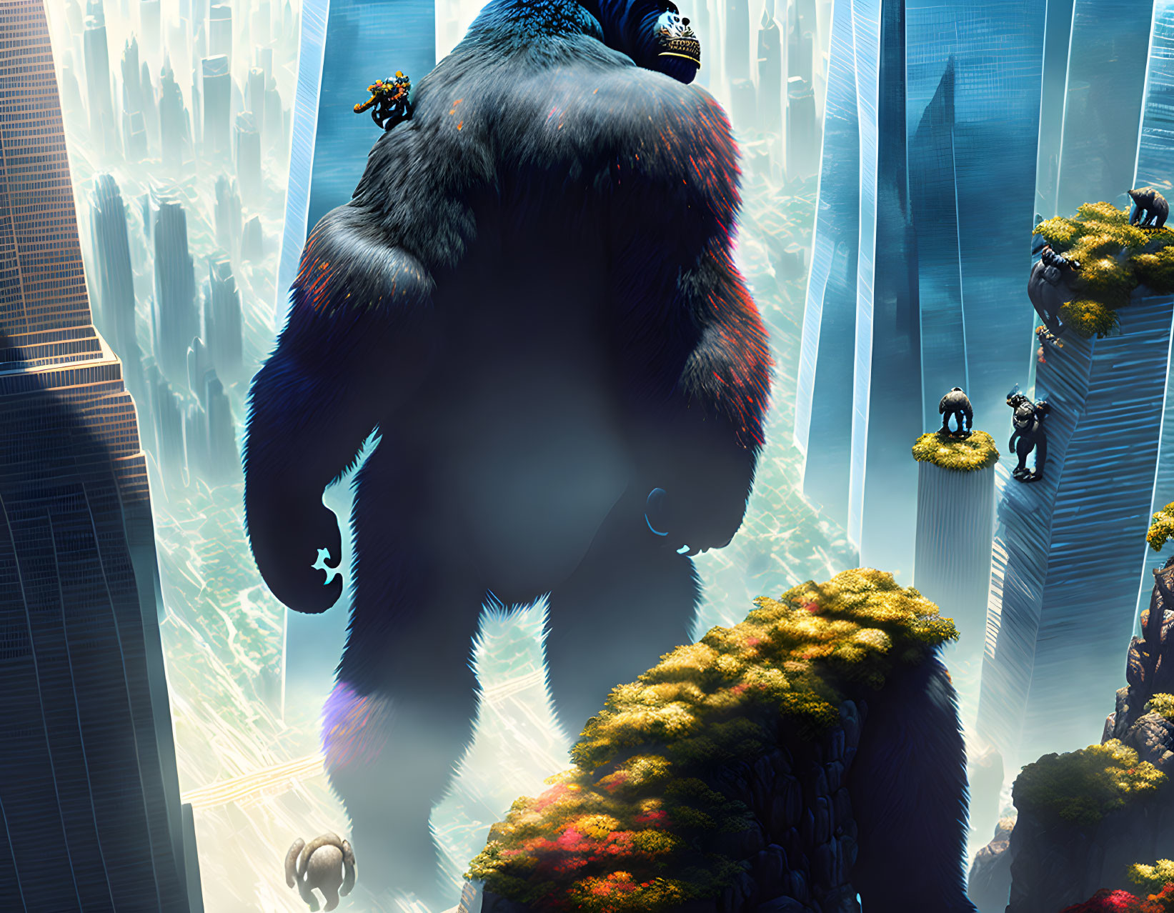 Enormous gorilla dominates futuristic city with jetpack-wearing figures and skyscrapers.