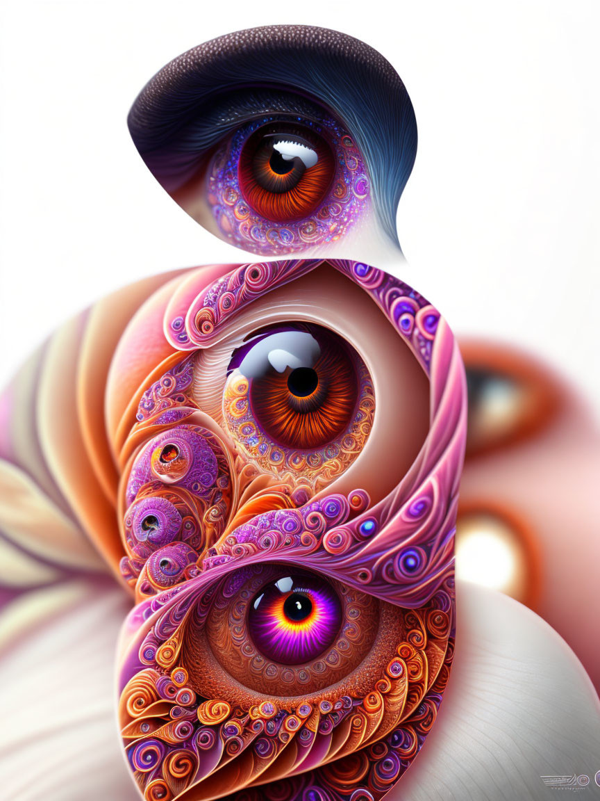 Abstract Digital Artwork: Swirling Patterns with Vibrant Eyes in Purple, Orange, and Brown