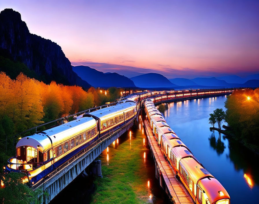Twilight scene: train crossing bridge over river with mountains and trees under gradient sky