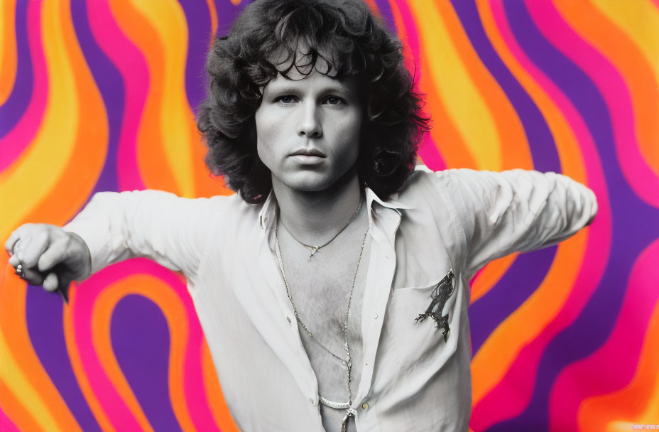Curly Haired Man in White Shirt on Psychedelic Background