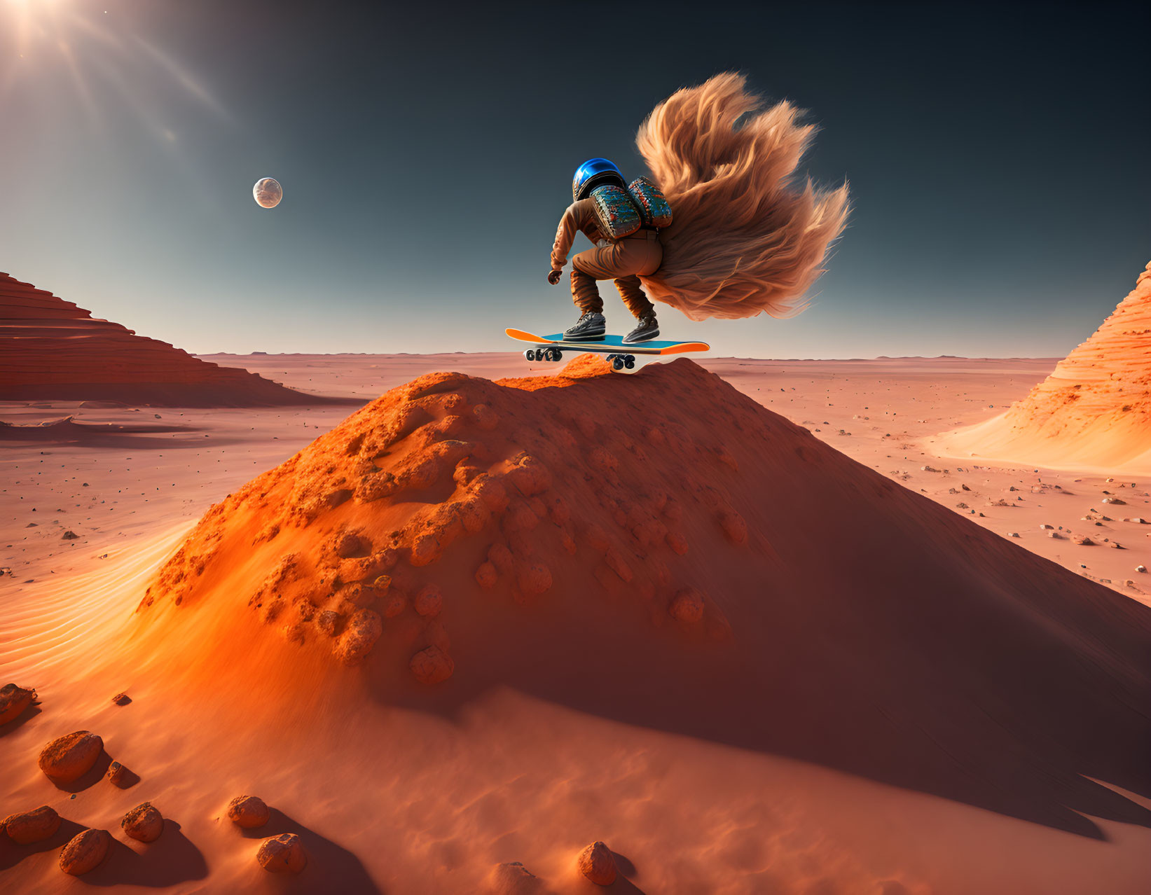 Skateboarder on Mars-like dune with moon and red terrain
