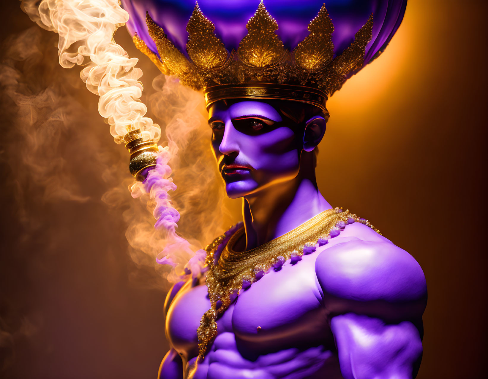 Purple-skinned character with golden crown and ornaments on orange background holding smoking object