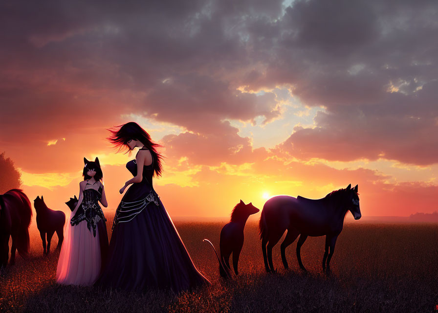 Woman in flowing dress with horses and fantastical creatures at sunset