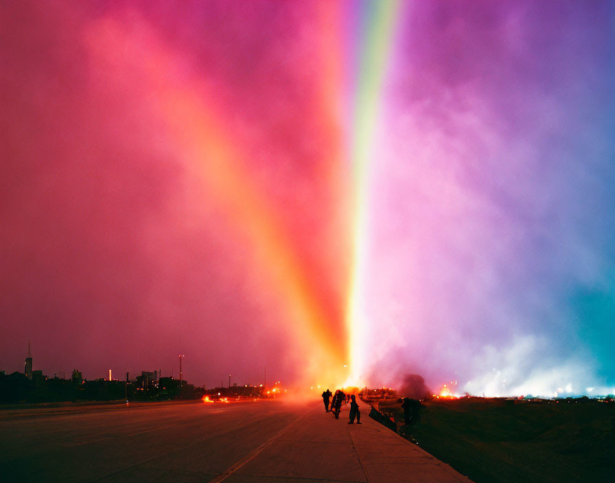Vibrant rainbow over city lights and purple clouds at dusk