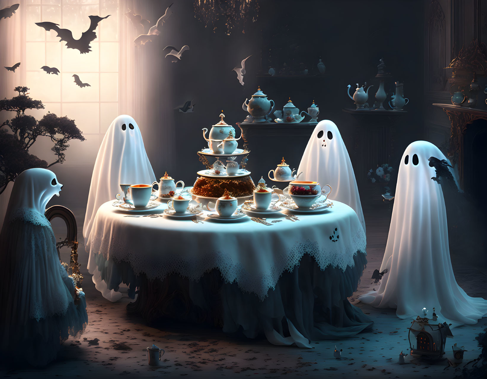 Ghostly tea party with vintage tea sets in dimly lit room