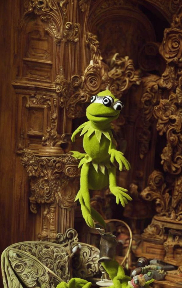 Green Frog Plush Toy in Baroque-style Wooden Room