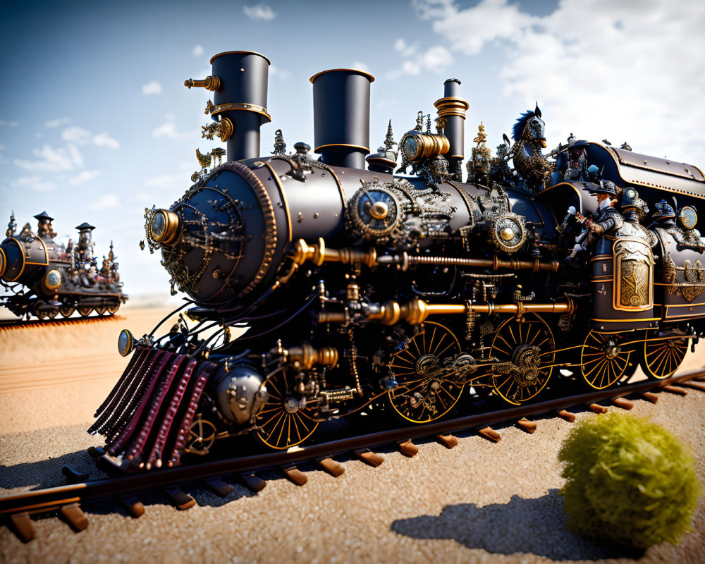 Detailed Steampunk Train on Desert Tracks with Ornate Designs