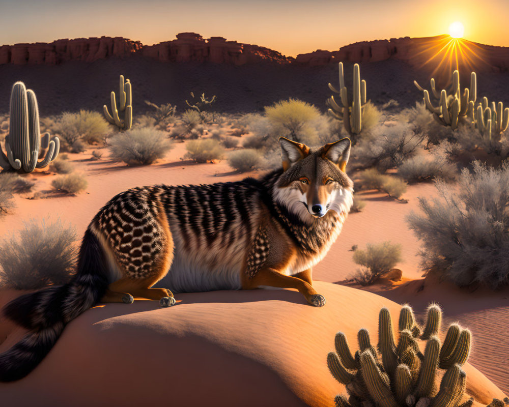 Hybrid creature with cheetah body and wolf head in desert sunset
