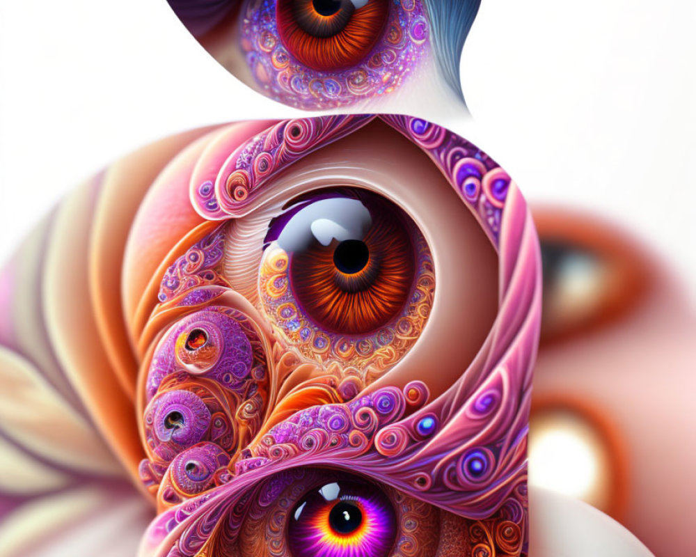 Abstract Digital Artwork: Swirling Patterns with Vibrant Eyes in Purple, Orange, and Brown