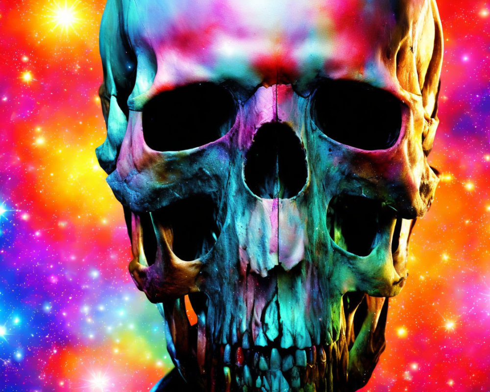 Colorful Neon Human Skull on Cosmic Background