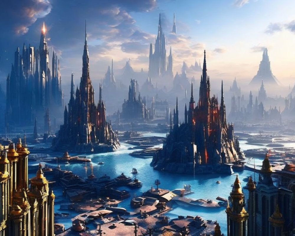 Fantastical cityscape with towering spires and golden domes by a river