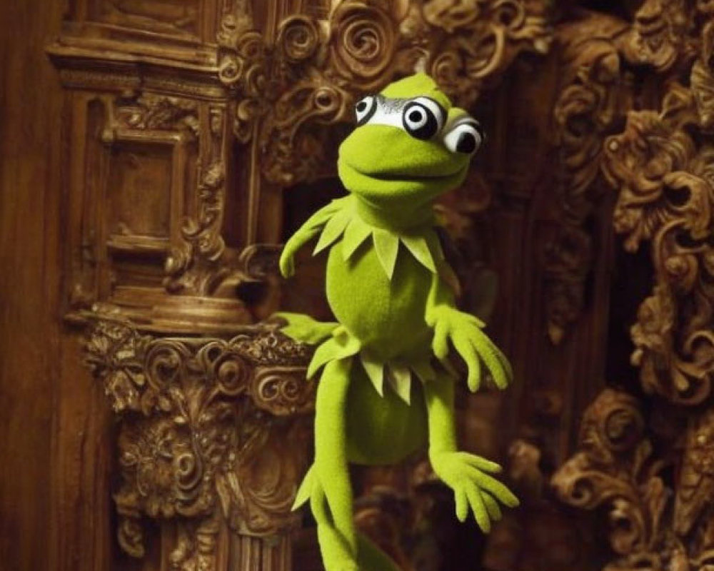 Green Frog Plush Toy in Baroque-style Wooden Room