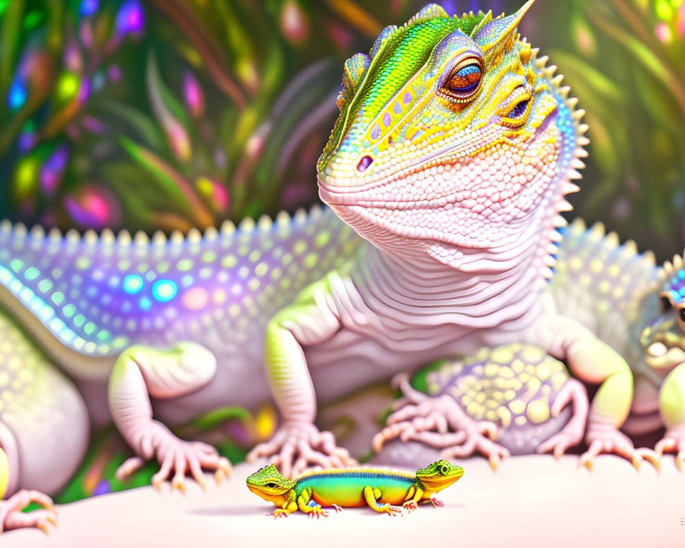 Vibrant digital artwork featuring three stylized lizards in colorful, iridescent scales amidst fantast