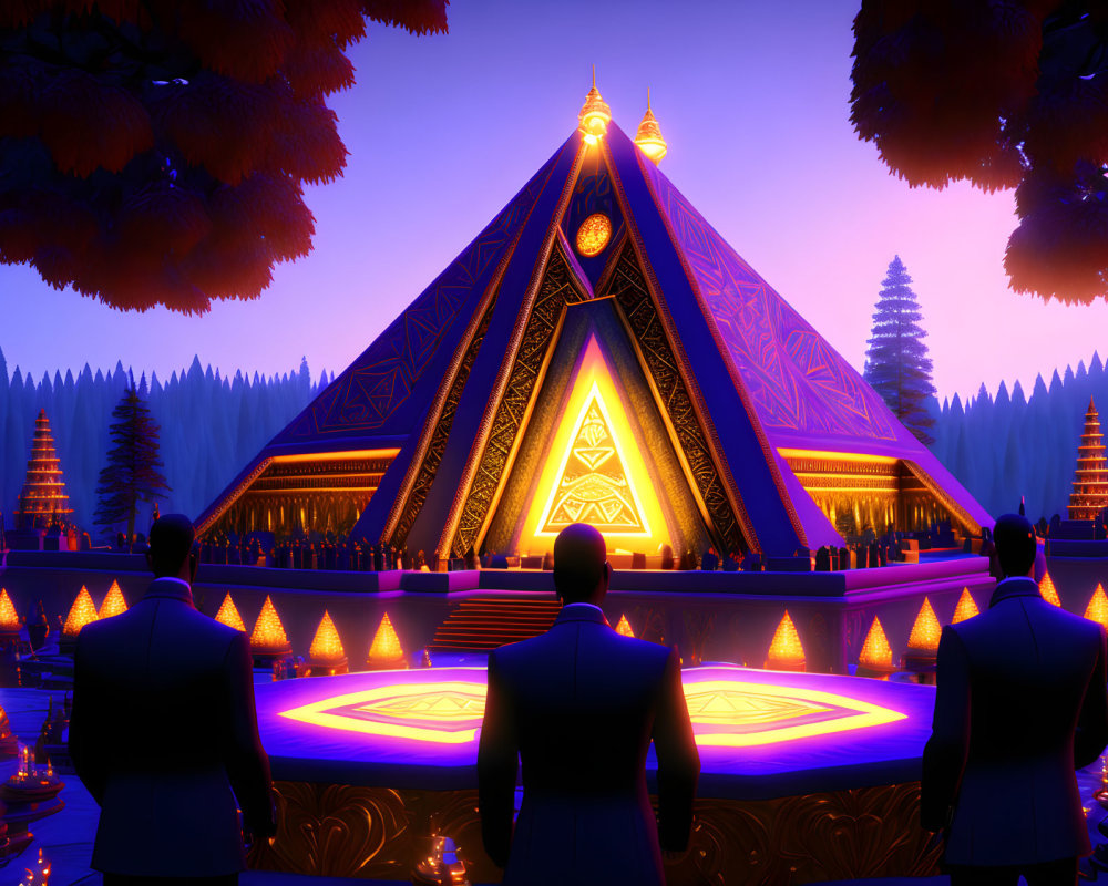 Group of People in Suits Observing Neon-Lit Pyramid in Forest at Dusk