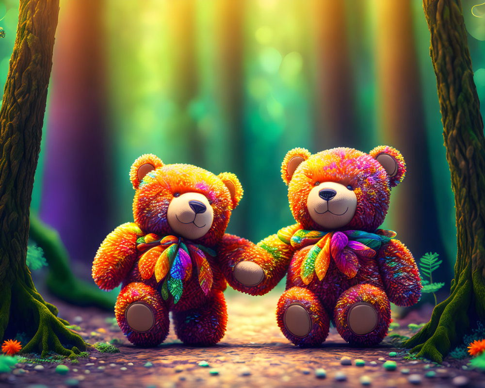 Colorful Teddy Bears Holding Hands in Whimsical Forest