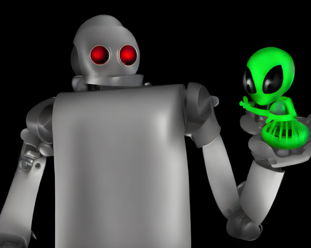 Red-eyed robot holding scroll meets small green alien with big head and black eyes