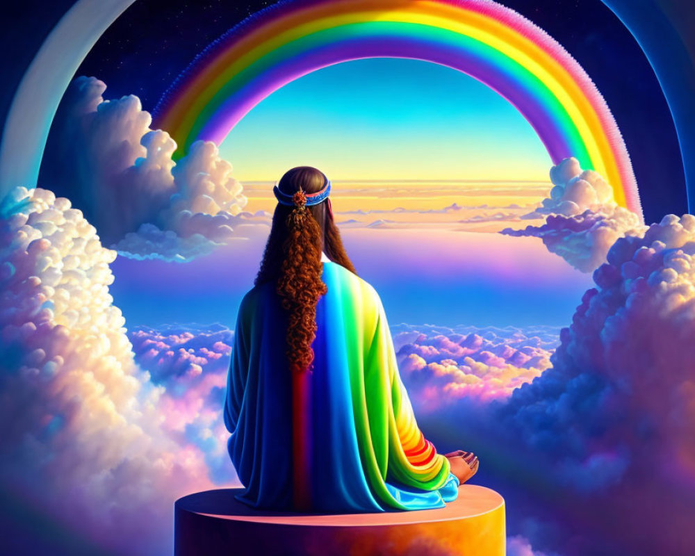 Long-haired person admires rainbow above pastel clouds