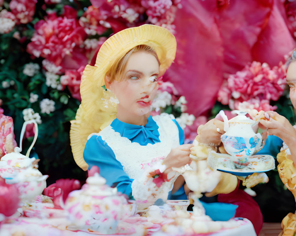 Three women in vintage dresses having tea in a floral setting
