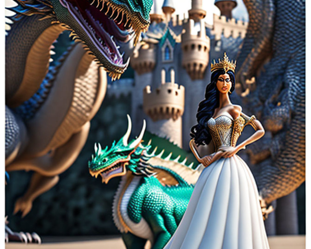 Queen in White and Gold Gown with Dragons and Castle Spires