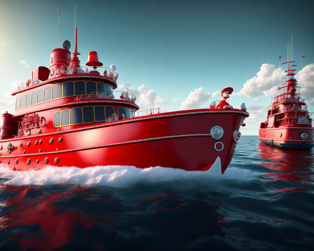 Red boats on the sea under partly cloudy sky with person in red uniform
