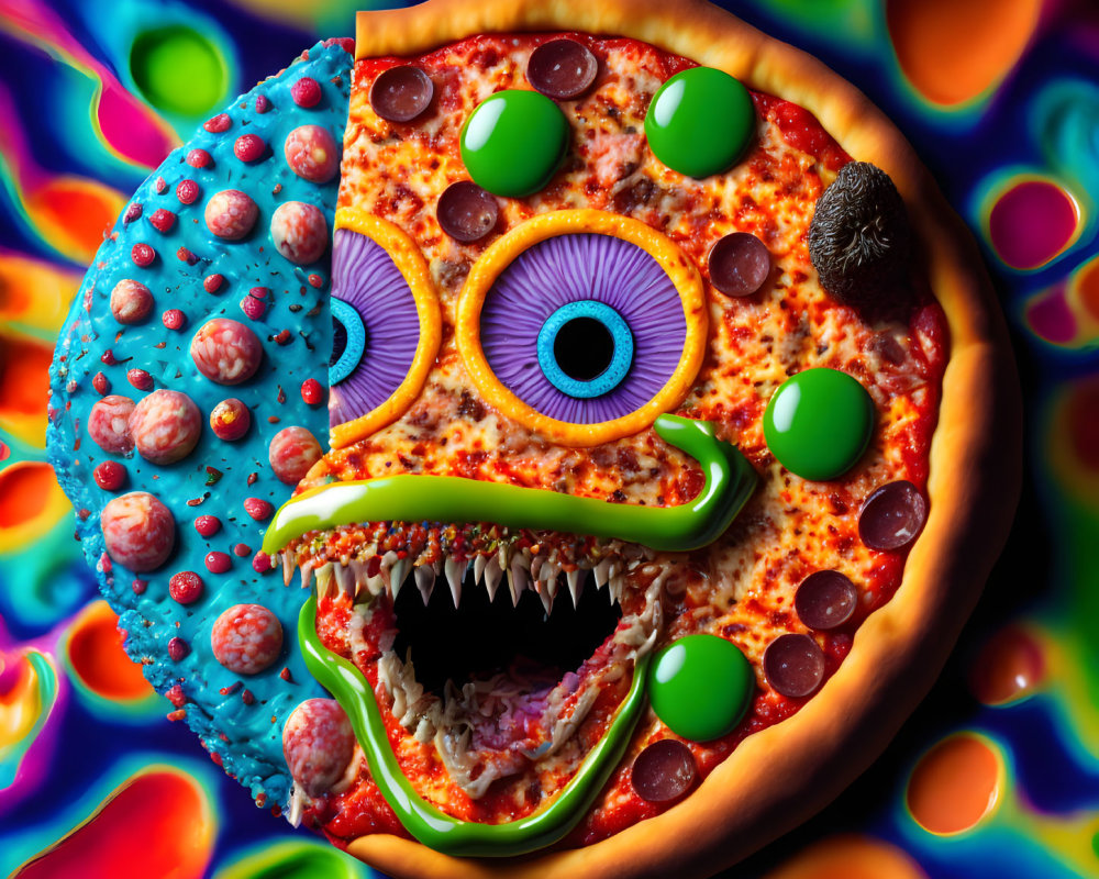 Vibrant surreal pizza with monstrous face and candy crust on psychedelic background